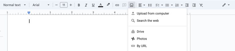 Opsi untuk mengunggah foto dari komputer Anda di Google Doc
