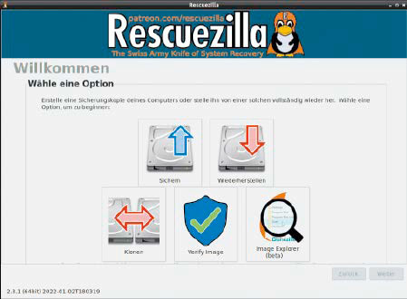 Selesaikan proses pencadangan menggunakan Rescuezilla: Program ini dilengkapi dengan antarmuka yang mudah dipahami dalam bahasa Jerman. Anda dapat menyimpan partisi sebagai gambar hanya dengan beberapa klik mouse.